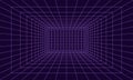 Grid room in perspective in 3d style. Indoor wireframe from violet laser beam, digital empty box. Abstract geometric design