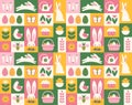 Grid seamless pattern with Easter icons and symbols in vector format. Royalty Free Stock Photo