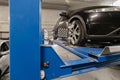 Grid sensor sets mechanic on auto. Car stand with sensors wheels for alignment camber check in workshop of Service