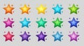 A grid of twelve colorful, five-pointed star icons arranged in three rows. Each star