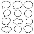 A grid of twelve outlined speech, thought, and chat bubbles in various shapes on a white background Royalty Free Stock Photo