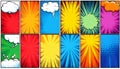 Twelve vertical comic book panels with explosions, speech bubbles and halftone dots image Royalty Free Stock Photo