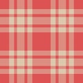 Grid vector plaid pattern, fuzzy check textile seamless. Curved background fabric texture tartan in red and light colors