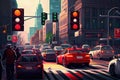 gridlocked city street, with traffic lights and stop signs flashing, as cars impatiently wait at the red light Royalty Free Stock Photo