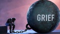 Grief and an alienated suffering human. A metaphor showing Grief as a huge prisoner\'s ball bringing pain and keeping a p