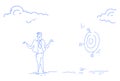Grieved businessman miss unsuccessful shot target goal business failure concept confused man sketch doodle horizontal