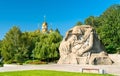 The Grieving Mother sculpture and a church on the Mamayev Kurgan in Volgograd, Russia