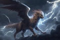 griffin flying through stormy sky, lightning flashing in the background