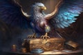 griffin, with majestic wings spread and talons bared, guarding treasure trove