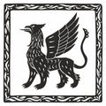 Griffin silhouette. Decorative graphics stylization of medieval miniatures