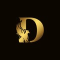 Griffin silhouette inside gold letter D. Heraldic symbol beast ancient mythology or fantasy. Creative design elements for logotype