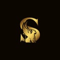 Griffin silhouette inside gold letter S. Heraldic symbol beast ancient mythology or fantasy. Creative design elements for logotype