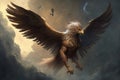a griffin soaring through the clouds, its wings spread wide