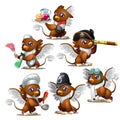 Griffins in six different characters - pirate, military, waiter, chef, maid, aviator. Royalty Free Stock Photo