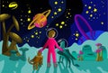 Childrens illustration space. Mushrooms, baby, animals. Space childrens illustration