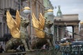 Griffins winged lions bank bridge in St. Petersburg
