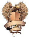 Griffon with shield and placard. Heraldic design element.