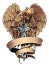 Griffon with sword and placard. Heraldic design element.