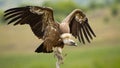 Griffon vulture landing on a perch with wings spread in summer Royalty Free Stock Photo