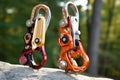 grigri and tubular belay devices side by side Royalty Free Stock Photo