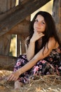 Happy,cute,lovely,cheerful,smiling girl with cute smile sit on the hay near the wooden fence in summer in farm and lovely face. Royalty Free Stock Photo