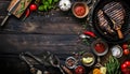 Grill background with bbq meat with vintage kitchenware kitchen utensils and sauces and ingredients for grilling on rustic wooden Royalty Free Stock Photo