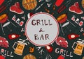 Grill Bar. Seamless Pattern of Summer BBQ Grill Party. Beer, Steak, Sausage, Barbeque Grid, Tongs, Fork. Black Board Background an Royalty Free Stock Photo