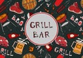 Grill Bar. Seamless Pattern of Summer BBQ Grill Party. Beer, Steak, Sausage, Barbeque Grid, Tongs, Fork. Black Board Background an Royalty Free Stock Photo