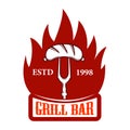 Grill bar. Fork with sausage and fire. Design element for logo, label, emblem, sign. Royalty Free Stock Photo