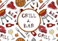 Grill Bar. Seamless Pattern of Summer BBQ Grill Party. Glass of Red, Rose, White Vine, Steak, Sausage, Barbeque Grid, Tongs, Fork, Royalty Free Stock Photo