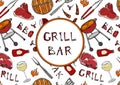 Grill Bar. Seamless Pattern of Summer BBQ Grill Party. Glass of Red, Rose, White Vine, Steak, Sausage, Barbeque Grid, Tongs, Fork, Royalty Free Stock Photo