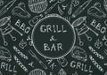 Grill Bar. Seamless Pattern of Summer BBQ Grill Party. Beer, Steak, Sausage, Barbeque Grid, Tongs, Fork, Fire. Black Board Backgro Royalty Free Stock Photo