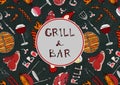 Grill and Bar. Seamless Pattern of Summer BBQ Grill Party. Glass Red, Rose White Vine, Steak, Sausage, Barbeque. Black Board Backg Royalty Free Stock Photo