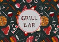 Grill and Bar. Seamless Pattern of Summer BBQ Grill Party. Glass Red, Rose White Vine, Steak, Sausage, Barbeque. Black Board Backg Royalty Free Stock Photo