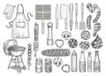 Grill, barbecue equipment, tool, illustration, drawing, engraving, ink, line art, vector Royalty Free Stock Photo