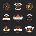 Grill and barbecue logos set vector illustration steak house or restaurant menu badges with bbq food silhouettes Royalty Free Stock Photo