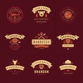 Grill and barbecue logos set vector illustration steak house or restaurant menu badges with bbq food silhouettes Royalty Free Stock Photo