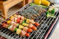 Grill and Barbecue party at home. Cooking BBQ pork, beef, chicken, seafood and vegetables. Family lifestyle and friend Royalty Free Stock Photo