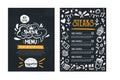 Grill BBq menu template on chalkboard. Cafe poster background, food icon, brochure template