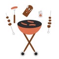 Grill bbq with sausages isolated on white background. Mangal brazier barbecue. Summer outdoor backyard cookout. Vector flat Royalty Free Stock Photo