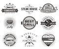 Grill or bbq vintage label, badge set, vector illustration. Barbecue party logos. Royalty Free Stock Photo