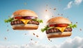 Grill burger, realistic 3d burgers falling in the air, grilled meat collection, ultra realistic Royalty Free Stock Photo