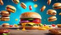 Grill burger, realistic 3d burgers falling in the air, grilled meat collection, ultra realistic Royalty Free Stock Photo