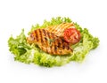 Grill Chicken Breast. Roasted and grill chicken breast with lettuce salad tomatoes and mushrooms isolated on white Royalty Free Stock Photo