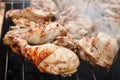 The is Grill Chiken Sticks on the Grid with Smoke,Fried Meet,Cooking Outside,Picnic with Barbecue