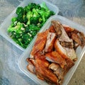grill duck meat with vegetable oily broccoli