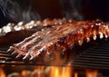 Grill and fire with pork spare ribs barbeque meat.Macro.AI Generative Royalty Free Stock Photo