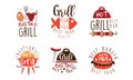 Grill Fish Bistro Logo Design Set, Hot Grill Best Bar Labels Hand Drawn Vector Illustration Royalty Free Stock Photo