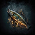 grill fish on charcoal fire flames with smoky dark background