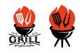 Grill food, barbecue logo or emblem. Brazier with fire and tools for grilling, symbol. Design for restaurant menu Royalty Free Stock Photo